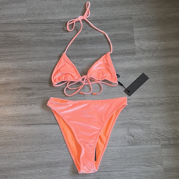 Orange coral velvet string top with high waist bottom set. - Picture 9 of 16